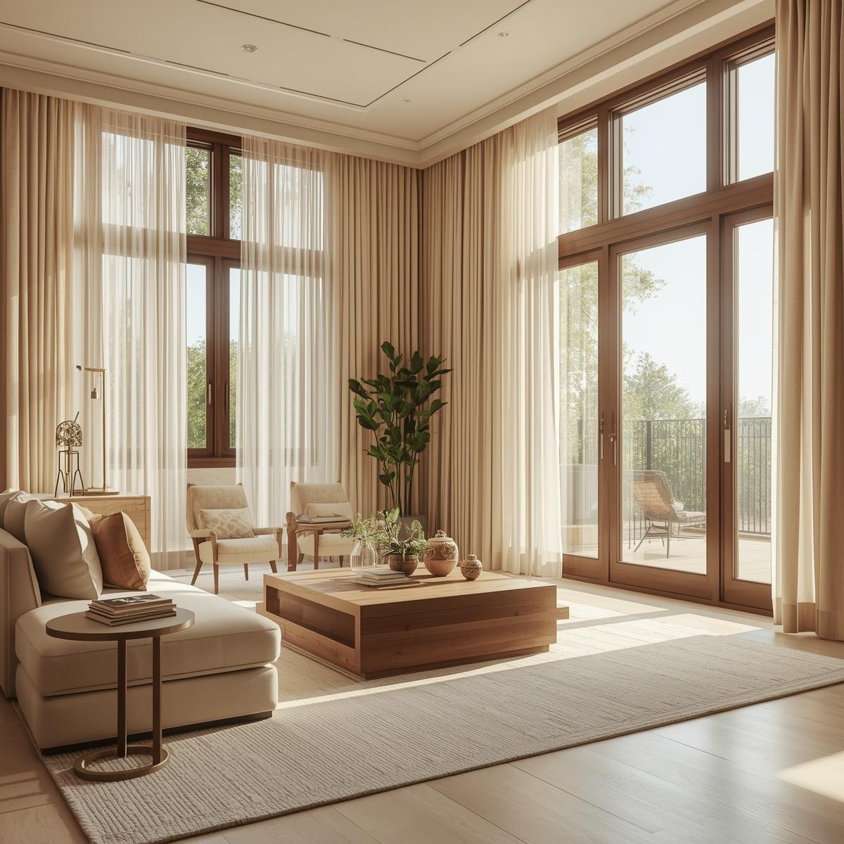 Sala con cortinas a la medida y ventanales de piso a techo